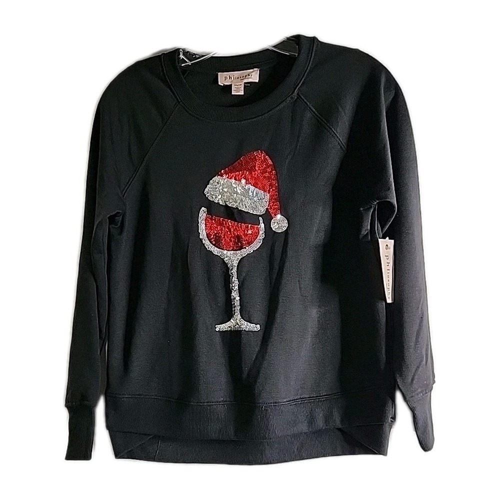 Philosophy Holiday Sweatshirt Sequin Santa Hat Wine Glass Black Womens XS/TP NWT